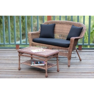 2-Piece Oswald Honey Wicker Patio Loveseat and Coffee Table Set Black Cushion - All
