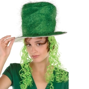 Pack of 6 Green Tinsel Top Hat with Lime Green Curly Wig Adult Sized - All