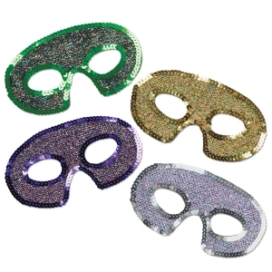 Club Pack of 12 Green Purple Gold and White Sequin-Lame Mardi Gras Masquerade Half Masks - All