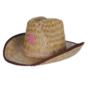 Club Pack of 96 Straw Cowboy Hats with Pink Stars and Chin Strap Child Size - All