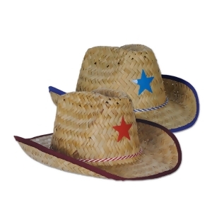Club Pack of 96 Straw Cowboy Hats with Red and Blue Stars and Chin Strap Child Size - All