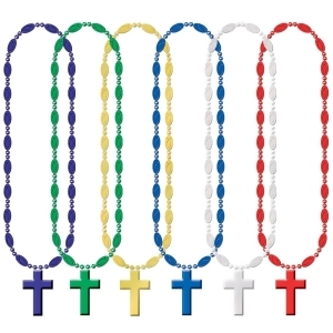 Club Pack of 12 Multi-Colored Cross Medallion Vacation Bible School Religious Beaded Necklace Party Favors 33'' - All