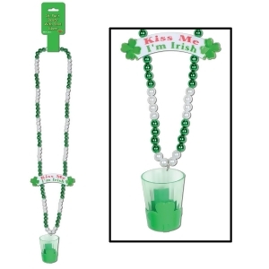 Club Pack of 12 Kiss Me I'm Irish Banner and Beer Glass Medallion St. Patrick's Day Bead Necklaces 39 - All