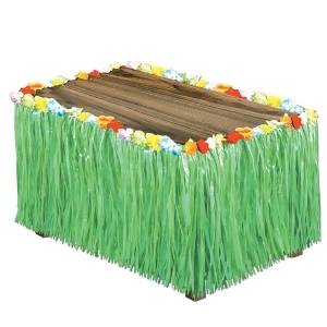 Pack of 6 Tropical Bright Green Artificial Grass Hawaiian Themed Party Table Skirts 9' - All