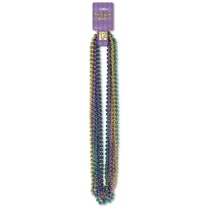 Club Pack of 144 Green Gold and Purple Mardi Gras Small Round Beaded Necklace Party Favors 33'' - All