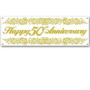Club Pack of 12 Gold and White Happy 50th Anniversary Outdoor Party Banner Signs 5' - All
