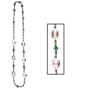 Club Pack of 12 Shiny Green Gold and Purple Beads with Mardi Gras Mime Masks Party Necklaces 42 - All