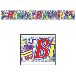 Club Pack of 12 Metallic Happy Birthday Fringed Banner Hanging Decorations 5' - All