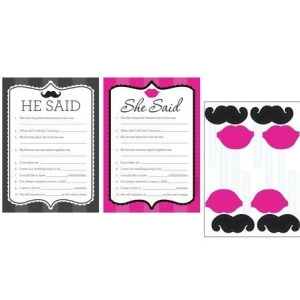 Pack of 6 Pink and Black He Said She Said Bachelorette Party Games with Mustache and Lip Props - All