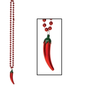 Club Pack of 12 Red Mexican Fiesta Beads with Red Chili Pepper Medallion Party Necklaces 36 - All
