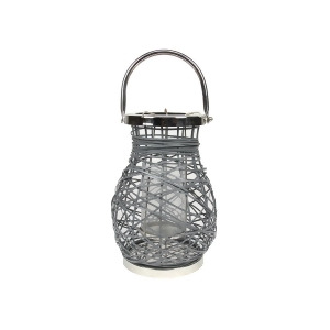 13.5 Modern Gray Decorative Woven Iron Pillar Candle Lantern with Glass Hurricane - All