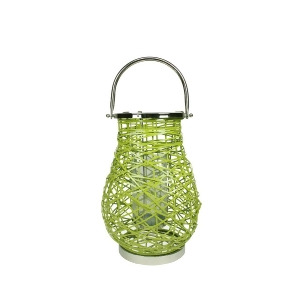 16.25 Modern Green Decorative Woven Iron Pillar Candle Lantern with Glass Hurricane - All
