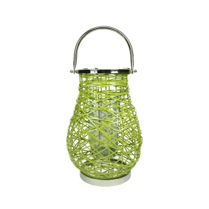 18.5 Modern Green Decorative Woven Iron Pillar Candle Lantern with Glass Hurricane - All