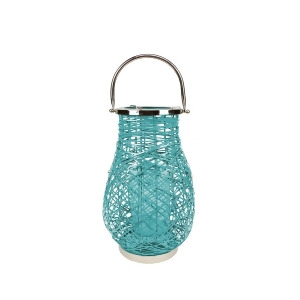 16.25 Modern Turquoise Blue Decorative Woven Iron Pillar Candle Lantern with Glass Hurricane - All
