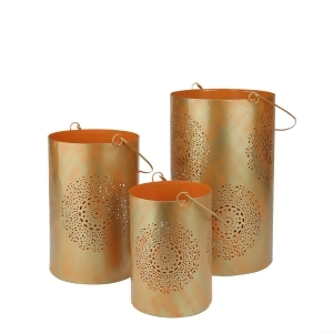 Set of 3 Orange and Gold Decorative Floral Cut-Out Pillar Candle Lanterns 10 - All