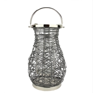 16.25 Modern Gray Decorative Woven Iron Pillar Candle Lantern with Glass Hurricane - All