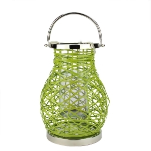 13.5 Modern Green Decorative Woven Iron Pillar Candle Lantern with Glass Hurricane - All