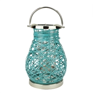 13.5 Modern Turquoise Blue Decorative Woven Iron Pillar Candle Lantern with Glass Hurricane - All