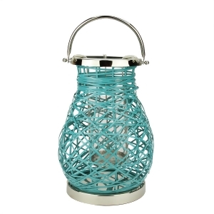 13.5 Modern Turquoise Blue Decorative Woven Iron Pillar Candle Lantern with Glass Hurricane - All