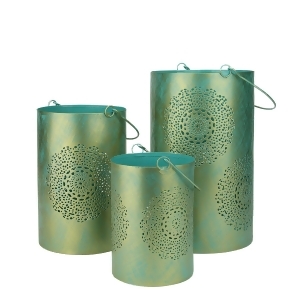 Set of 3 Turquoise Blue and Gold Decorative Floral Cut-Out Pillar Candle Lanterns 10 - All