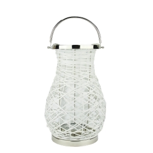 16.25 Modern White Decorative Woven Iron Pillar Candle Lantern with Glass Hurricane - All