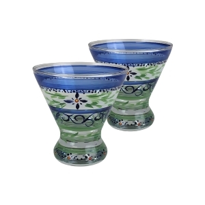 Set of 2 Blue Floral Hand Painted Cosmopolitan Wine and Dessert Glasses 8.25 Ounces - All