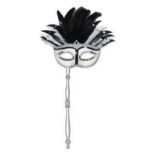 Club Pack of 12 Elegantly Glittered White Silver and Black Feathered Mardi Gras Masquerade Masks - All