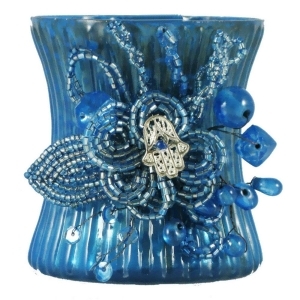 Set of 2 Deep Blue Mercury Glass Votive Candle Holders with Mehndi Beaded Clusters - All