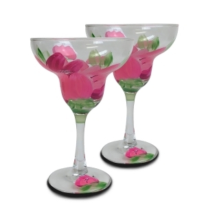 Set of 2 Pink Peony Floral Hand Painted Margarita Stemware Glasses 12 Ounces - All