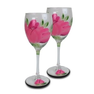 Set of 2 Pink Peony Floral Hand Painted Wine Drinking Stemware Glasses 10.5 Ounces - All