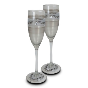 Set of 2 Pewter Vine Hand Painted Champagne Flute Stemware Glasses 5.75 Ounces - All