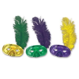 Club Pack of 50 Elastic Attached Metallic Green Purple and Gold Mardi Gras Half Masks with Plumes - All