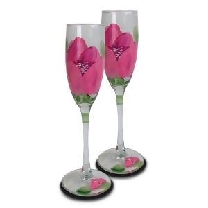 Set of 2 Pink Peony Floral Hand Painted Champagne Flute Glasses 5.75 Ounces - All