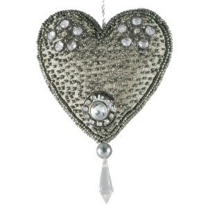 Set of 4 Hand Crafted Elegant Silver Bead Encrusted Silk Heart Christmas Ornaments 3 - All