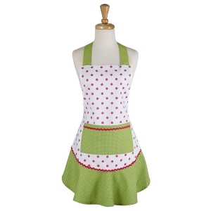 28.5 White Pink and Green Polka Dotted Women's Kitchen Apron w/ Large Front Pocket - All