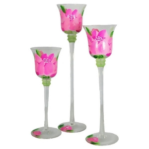Set of 3 Pink Peony Floral Hand Painted Stemmed Votive Candle Holders 12 - All
