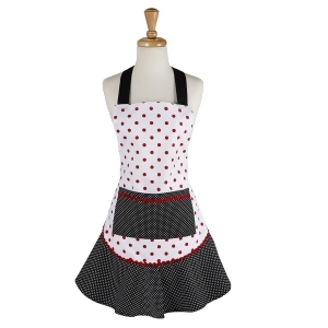 28.5 White Red and Black Polka Dotted Women's Kitchen Apron w/ Large Front Pocket - All