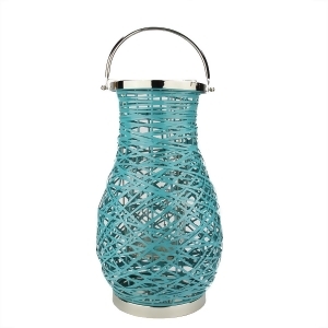 18.5 Modern Turquosie Blue Decorative Woven Iron Pillar Candle Lantern with Glass Hurricane - All