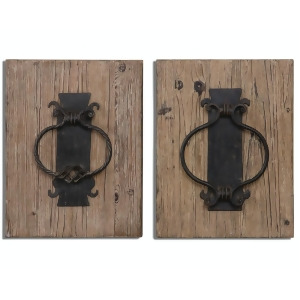 Set of 2 Country Rustic Fir Wood Wall Art Plaques with Metal Replica Door Knockers - All