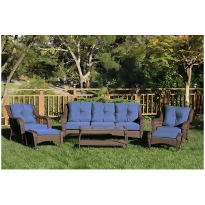 6-Piece Espresso Resin Wicker Outdoor Patio Seating Furniture Set Blue Cushions - All