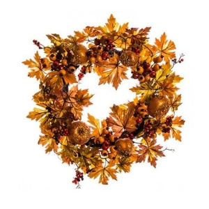 22 Autumn Harvest Gold and Orange Glitter Apple Berry Leaf and Vine Thanksgiving Wreath Unlit - All