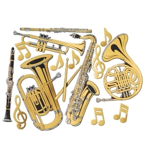 Club Pack of 12 Jazzy Gold Foil Musical Instruments Cutouts 23.5 - All