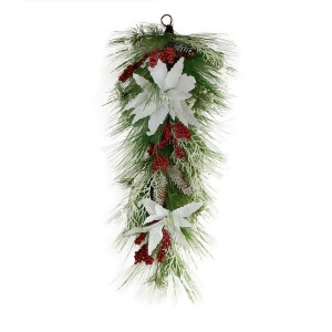 32 Mixed Long Needle Pine with Berries and Poinsettia's Artificial Christmas Teardrop Swag Unlit - All