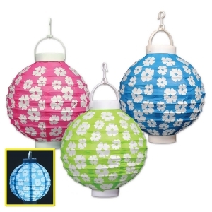 Pack of 6 Bright Pink Blue and Green Light-Up Hibiscus Design Hanging Paper Lanterns 8 - All