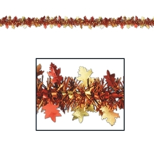 Club Pack of 12 Metallic Gold Orange and Red Autumn Harvest Leaf Garland Party Decorations 12' - All