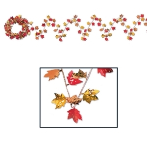 Club Pack of 12 Metallic Red and Gold Gleam 'N Flex Autumn Leaf Garland Thanksgiving Decorations 25' - All