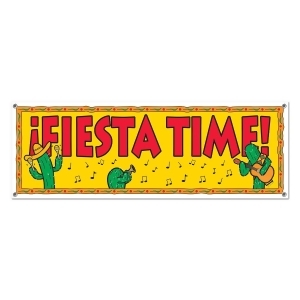 Club Pack of 12 All-Weather Red Green and Yellow Fiesta Time Sign Banner Party Decorations 5' - All