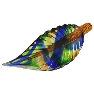 17.25 Royal Blue Green and Yellow Parrot Feather Decorative Hand Blown Glass Figurine - All