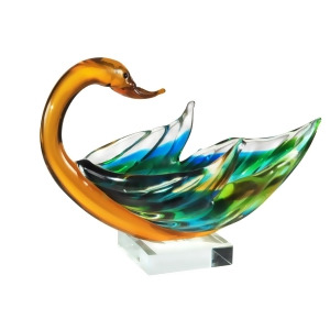 9.5 Blue Green and Yellow Swan Bowl Decorative Hand Blown Glass Figurine - All