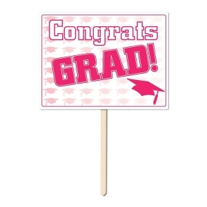 Pack of 6 Pink and White Plastic Congrats Grad Yard Sign Decorations 15 - All